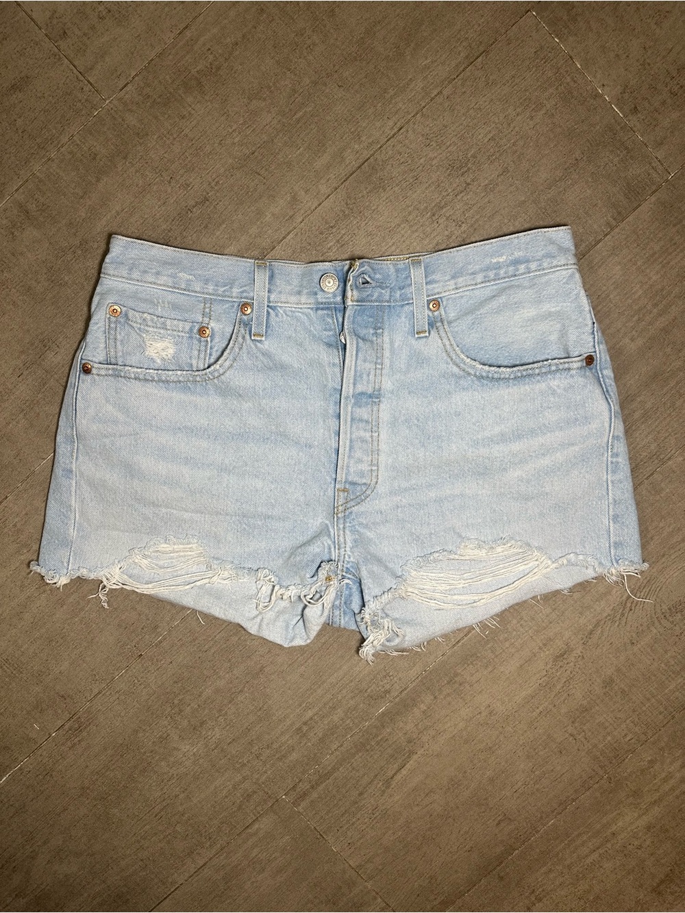 Levi's Light Blue Distressed High-Rise Denim Shorts